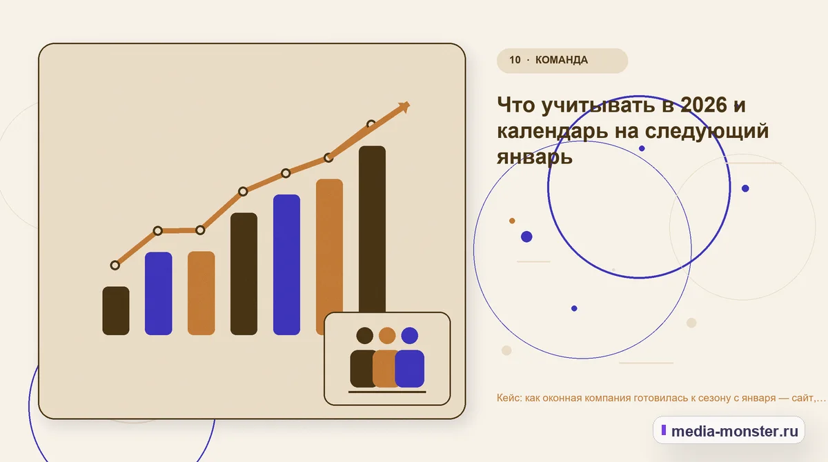 Изображение 10: Итог и следующий шаг — Кейс: как оконная компания готовилась к сезону с января — сайт, реклама и учёт замеров | Media Monster Итог и следующий шаг. Что учитывать в 2026 и календарь на следующий январь: иллюстрация к статье «Кейс: как оконная компания готовилась к сезону с января — сайт, реклама и учёт замеров»