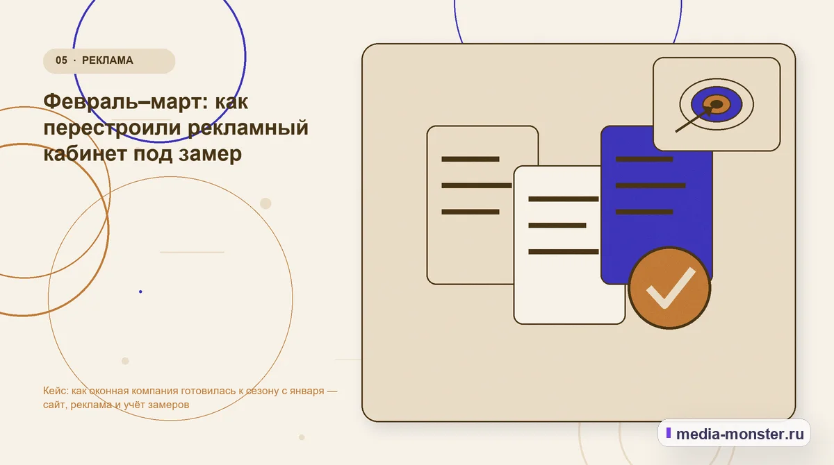 Изображение 5: Данные и доказательства — Кейс: как оконная компания готовилась к сезону с января — сайт, реклама и учёт замеров | Media Monster Данные и доказательства. Февраль–март: как перестроили рекламный кабинет под замер: иллюстрация к статье «Кейс: как оконная компания готовилась к сезону с января — сайт, реклама и учёт…