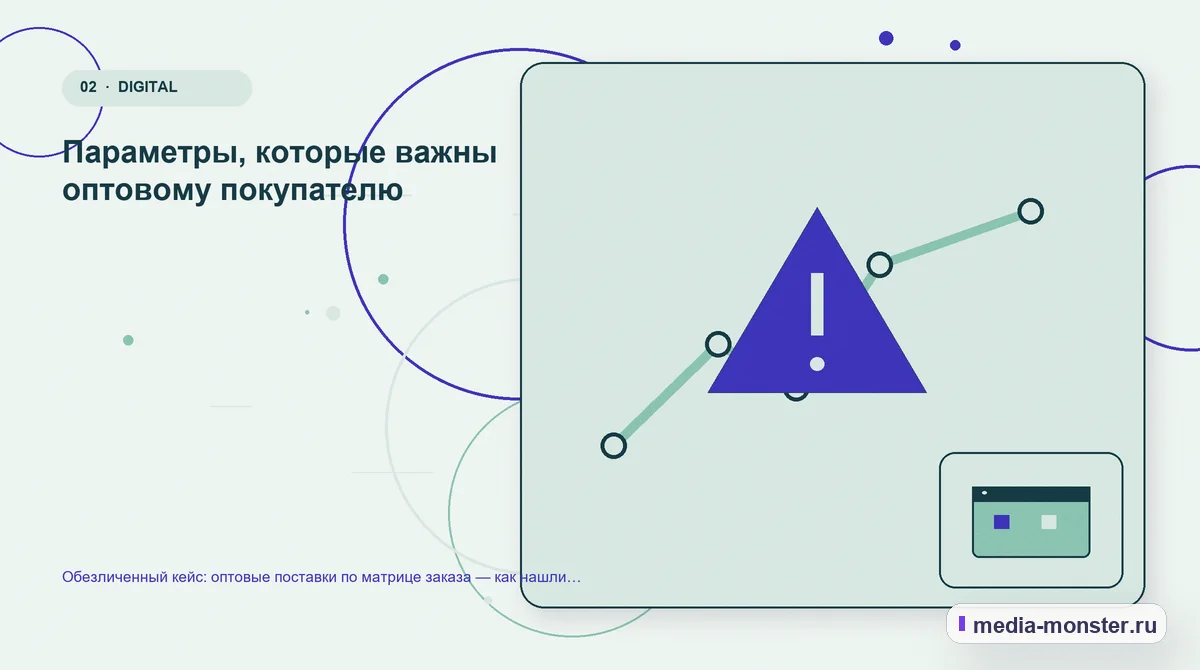 Изображение 2: Проблема и точка потери — Обезличенный кейс: оптовые поставки по матрице заказа — как нашли разрыв между страницей и обращением | Media Monster Проблема и точка потери. Параметры, которые важны оптовому покупателю: иллюстрация к статье «Обезличенный кейс: оптовые поставки по матрице заказа — как нашли разрыв между страницей и…