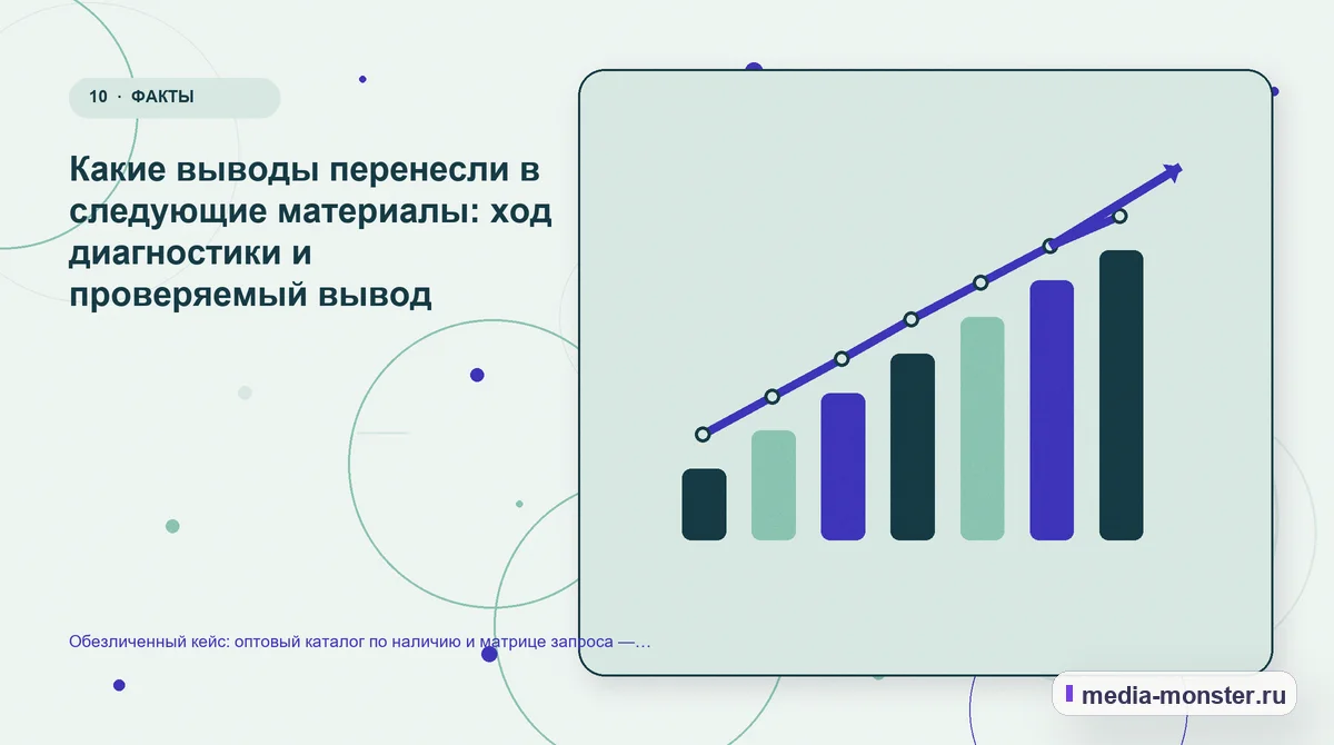 Итог и следующий шаг. Какие выводы перенесли в следующие материалы: ход диагностики и проверяемый вывод: иллюстрация к статье «Обезличенный кейс: оптовый каталог по наличию и матрице…