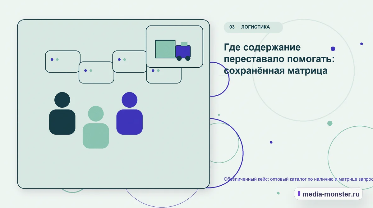 Аудитория и сценарий выбора. Где содержание переставало помогать: сохранённая матрица: иллюстрация к статье «Обезличенный кейс: оптовый каталог по наличию и матрице запроса — как нашли…