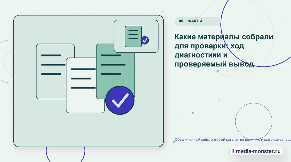 Изображение 5: Данные и доказательства — Обезличенный кейс: оптовый каталог по наличию и матрице запроса — как нашли разрыв и перестроили маршрут | Media Monster Данные и доказательства. Какие материалы собрали для проверки: ход диагностики и проверяемый вывод: иллюстрация к статье «Обезличенный кейс: оптовый каталог по наличию и матрице запроса —…