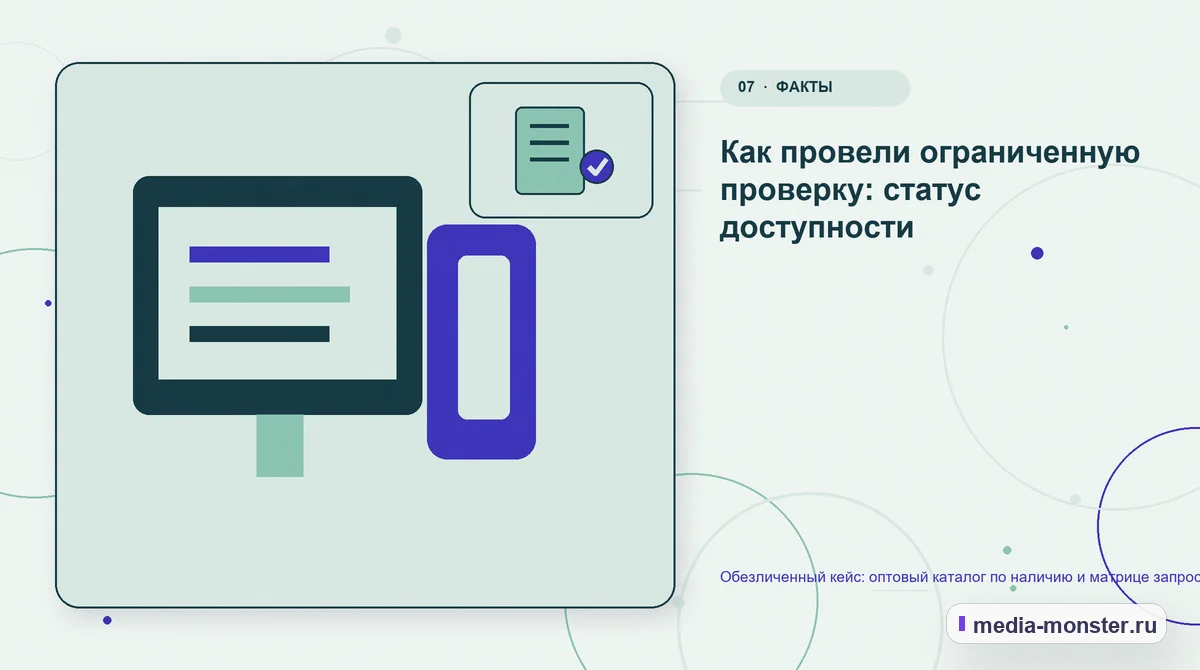 Изображение 7: Каналы и точки контакта — Обезличенный кейс: оптовый каталог по наличию и матрице запроса — как нашли разрыв и перестроили маршрут | Media Monster Каналы и точки контакта. Как провели ограниченную проверку: статус доступности: иллюстрация к статье «Обезличенный кейс: оптовый каталог по наличию и матрице запроса — как нашли разрыв и…