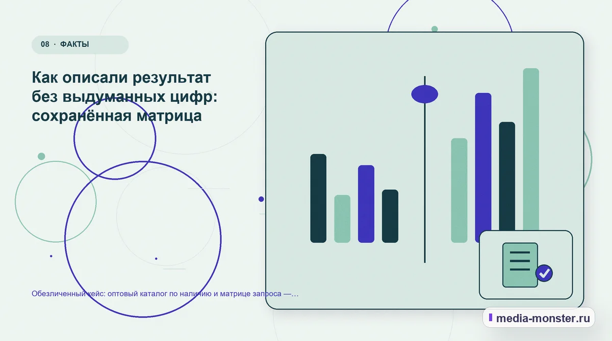 Изображение 8: Сравнение вариантов — Обезличенный кейс: оптовый каталог по наличию и матрице запроса — как нашли разрыв и перестроили маршрут | Media Monster Сравнение вариантов. Как описали результат без выдуманных цифр: сохранённая матрица: иллюстрация к статье «Обезличенный кейс: оптовый каталог по наличию и матрице запроса — как нашли…