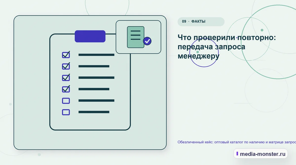 Изображение 9: Контрольные показатели — Обезличенный кейс: оптовый каталог по наличию и матрице запроса — как нашли разрыв и перестроили маршрут | Media Monster Контрольные показатели. Что проверили повторно: передача запроса менеджеру: иллюстрация к статье «Обезличенный кейс: оптовый каталог по наличию и матрице запроса — как нашли разрыв и…