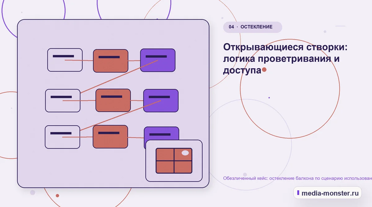 Структура решения. Открывающиеся створки: логика проветривания и доступа: иллюстрация к статье «Обезличенный кейс: остекление балкона по сценарию использования — как нашли разрыв между…