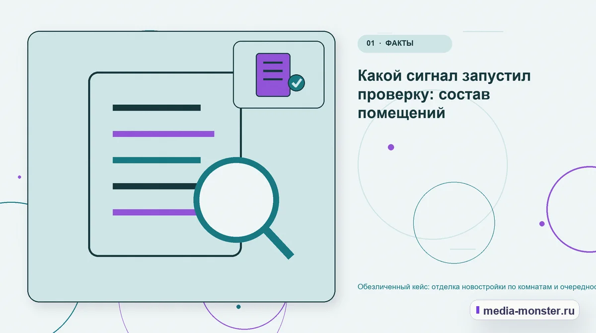 Изображение 1: Ключевая тема материала — Кейс: Отделка новостройки по комнатам и очередности. Как нашли разрыв между страницей и обращением | Media Monster Ключевая тема материала. Сигнал: где посетитель терял контекст: иллюстрация к статье «Кейс: Отделка новостройки по комнатам и очередности. Как нашли разрыв между страницей и обращением»