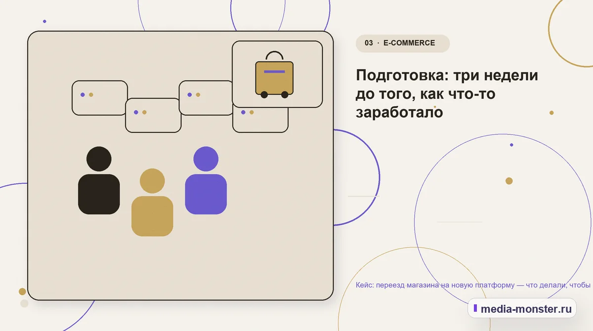 Изображение 3: Аудитория и сценарий выбора — Кейс: переезд магазина на новую платформу — что делали, чтобы не потерять трафик | Media Monster Аудитория и сценарий выбора. Подготовка: три недели до того, как что-то заработало: иллюстрация к статье «Кейс: переезд магазина на новую платформу — что делали, чтобы не потерять трафик»