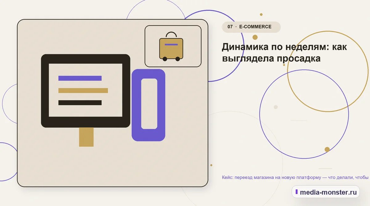 Изображение 7: Каналы и точки контакта — Кейс: переезд магазина на новую платформу — что делали, чтобы не потерять трафик | Media Monster Каналы и точки контакта. Динамика по неделям: как выглядела просадка: иллюстрация к статье «Кейс: переезд магазина на новую платформу — что делали, чтобы не потерять трафик»