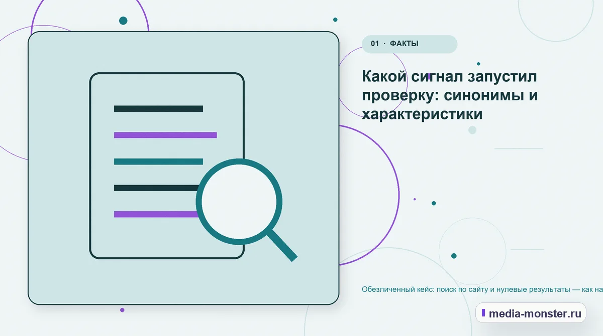 Ключевая тема материала. Какой сигнал запустил проверку: синонимы и характеристики: иллюстрация к статье «Обезличенный кейс: поиск по сайту и нулевые результаты — как нашли разрыв и…