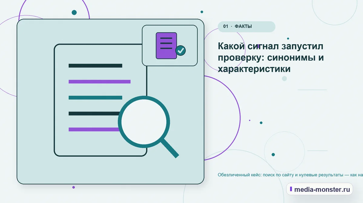 Изображение 1: Ключевая тема материала — Кейс: Поиск по сайту и нулевые результаты. Как нашли разрыв между страницей и обращением | Media Monster Ключевая тема материала. Сигнал по теме Поиск по сайту и нулевые результаты: где терялся контекст: иллюстрация к статье «Кейс: Поиск по сайту и нулевые результаты. Как нашли разрыв между…