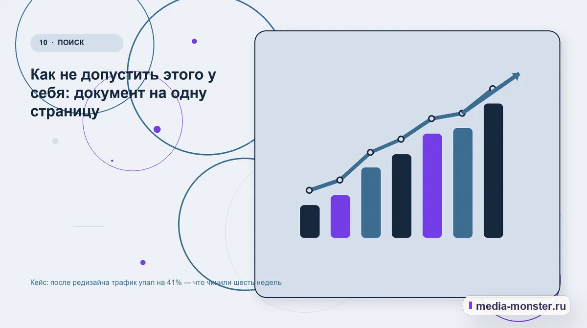 Итог и следующий шаг. Как не допустить этого у себя: документ на одну страницу: иллюстрация к статье «Кейс: после редизайна трафик упал на 41% — что чинили шесть недель»