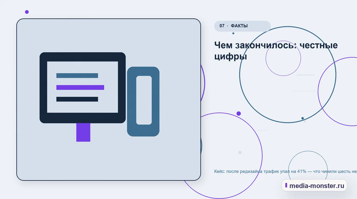 Каналы и точки контакта. Чем закончилось: честные цифры: иллюстрация к статье «Кейс: после редизайна трафик упал на 41% — что чинили шесть недель»