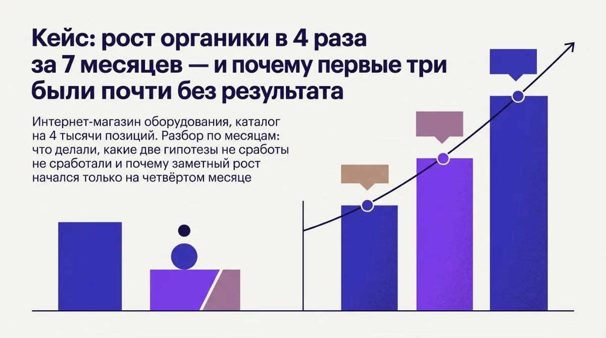 Кейс: рост органики в 4 раза за 7 месяцев — и почему первые три были почти без результата — иллюстрация к разделу «Цифры по месяцам, честно»