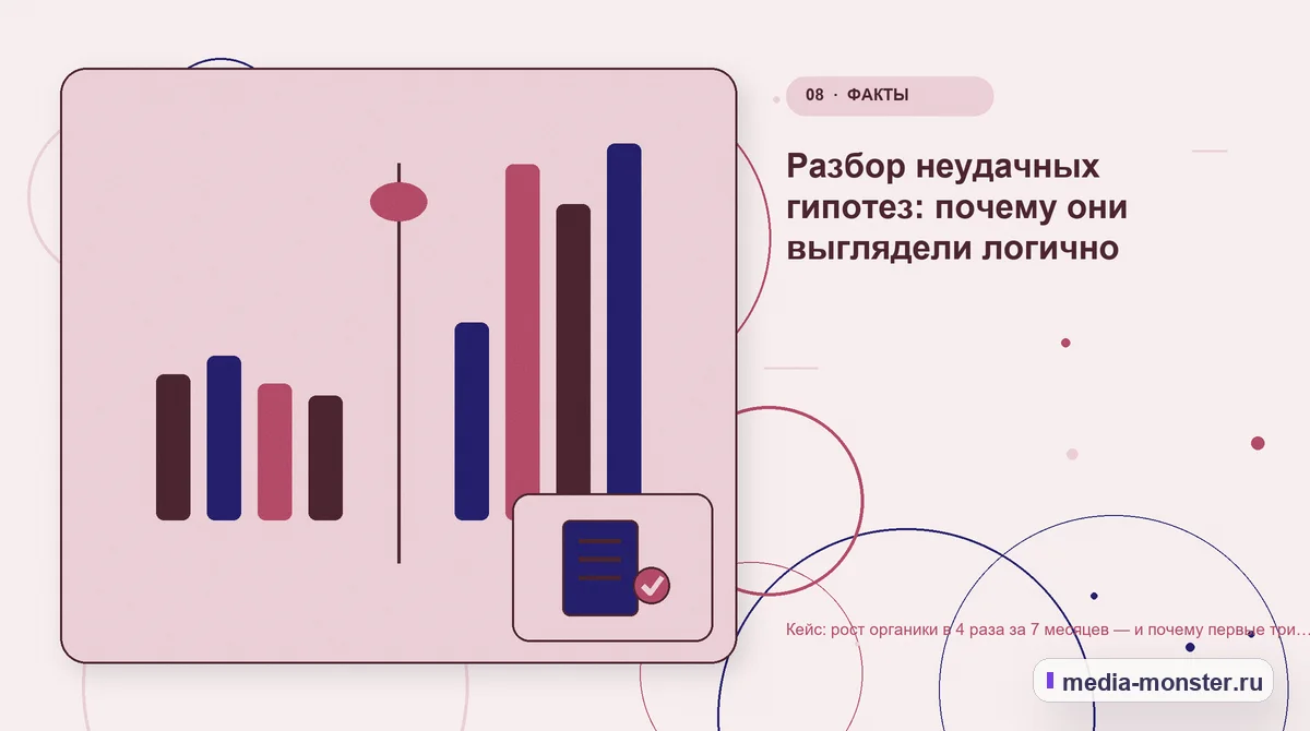 Изображение 8: Сравнение вариантов — Кейс: рост органики в 4 раза за 7 месяцев — и почему первые три были почти без результата | Media Monster Сравнение вариантов. Разбор неудачных гипотез: почему они выглядели логично: иллюстрация к статье «Кейс: рост органики в 4 раза за 7 месяцев — и почему первые три были почти без результата»