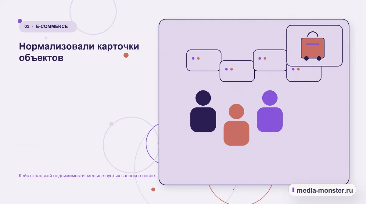 Изображение 3: Аудитория и сценарий выбора — Кейс складской недвижимости: меньше пустых запросов после пересборки каталога | Media Monster Аудитория и сценарий выбора. Нормализовали карточки объектов: иллюстрация к статье «Кейс складской недвижимости: меньше пустых запросов после пересборки каталога»