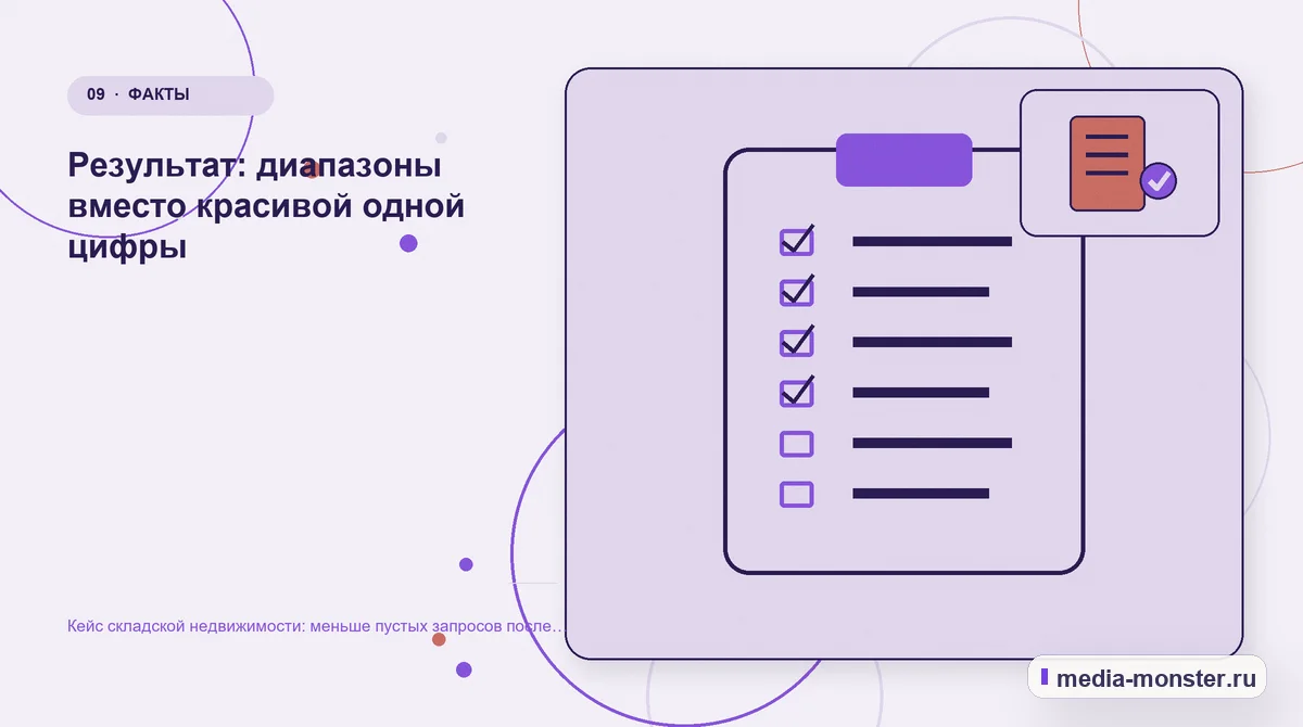 Контрольные показатели. Результат: диапазоны вместо красивой одной цифры: иллюстрация к статье «Кейс складской недвижимости: меньше пустых запросов после пересборки каталога»
