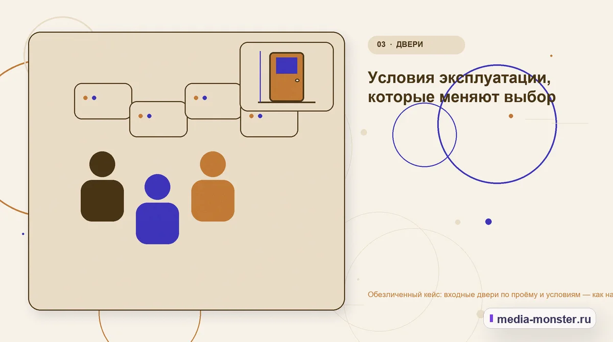 Аудитория и сценарий выбора. Условия эксплуатации, которые меняют выбор: иллюстрация к статье «Обезличенный кейс: входные двери по проёму и условиям — как нашли разрыв между страницей и…