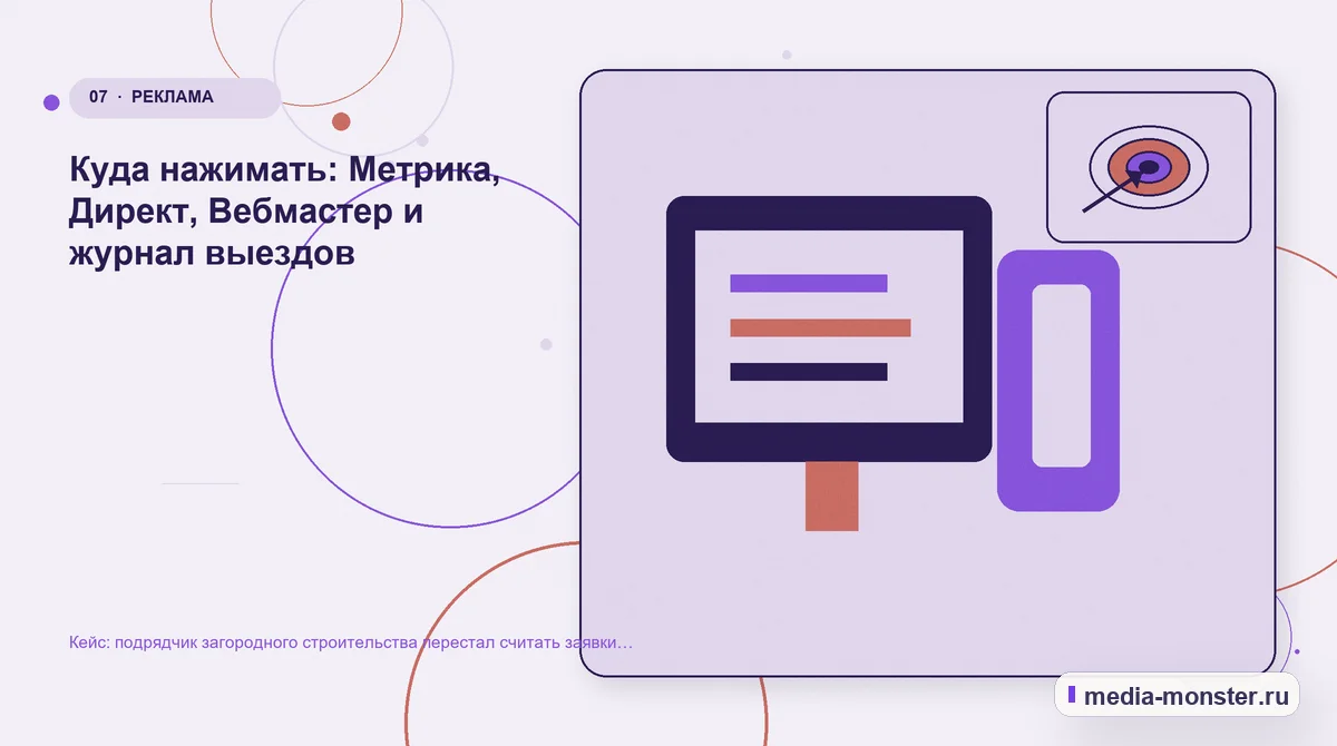 Каналы и точки контакта. Куда нажимать: Метрика, Директ, Вебмастер и журнал выездов: иллюстрация к статье «Кейс: подрядчик загородного строительства перестал считать заявки и начал считать…