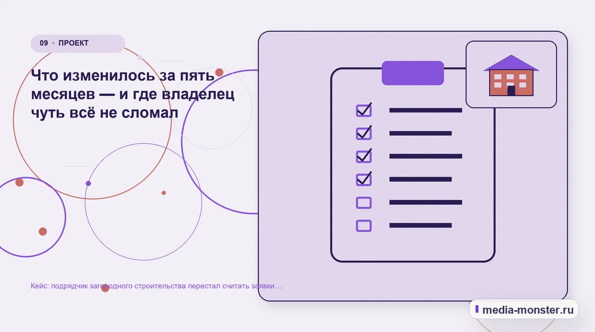 Изображение 9: Контрольные показатели — Кейс: подрядчик загородного строительства перестал считать заявки и начал считать выезды | Media Monster Контрольные показатели. Что изменилось за пять месяцев — и где владелец чуть всё не сломал: иллюстрация к статье «Кейс: подрядчик загородного строительства перестал считать заявки и начал…