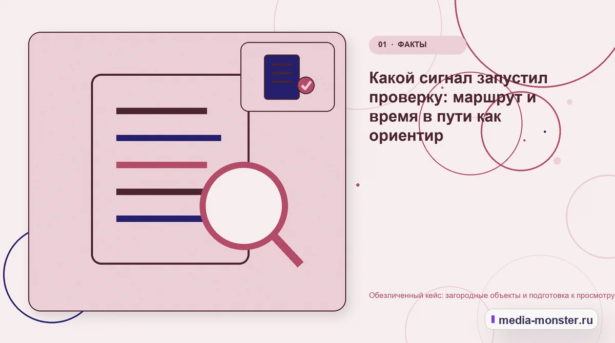 Изображение 1: Ключевая тема материала — Кейс: Загородные объекты и подготовка к просмотру. Как нашли разрыв между страницей и обращением | Media Monster Ключевая тема материала. Сигнал по теме Загородные объекты и подготовка к просмотру: где терялся контекст: иллюстрация к статье «Кейс: Загородные объекты и подготовка к просмотру. Как…