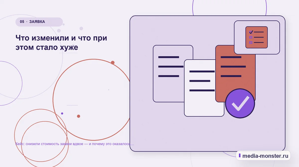 Изображение 5: Данные и доказательства — Кейс: снизили стоимость заявки вдвое — и почему это оказалось плохой новостью | Media Monster Данные и доказательства. Что изменили и что при этом стало хуже: иллюстрация к статье «Кейс: снизили стоимость заявки вдвое — и почему это оказалось плохой новостью»
