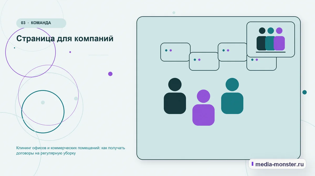 Аудитория и сценарий выбора. Страница для компаний: иллюстрация к статье «Клининг офисов и коммерческих помещений: как получать договоры на регулярную уборку»