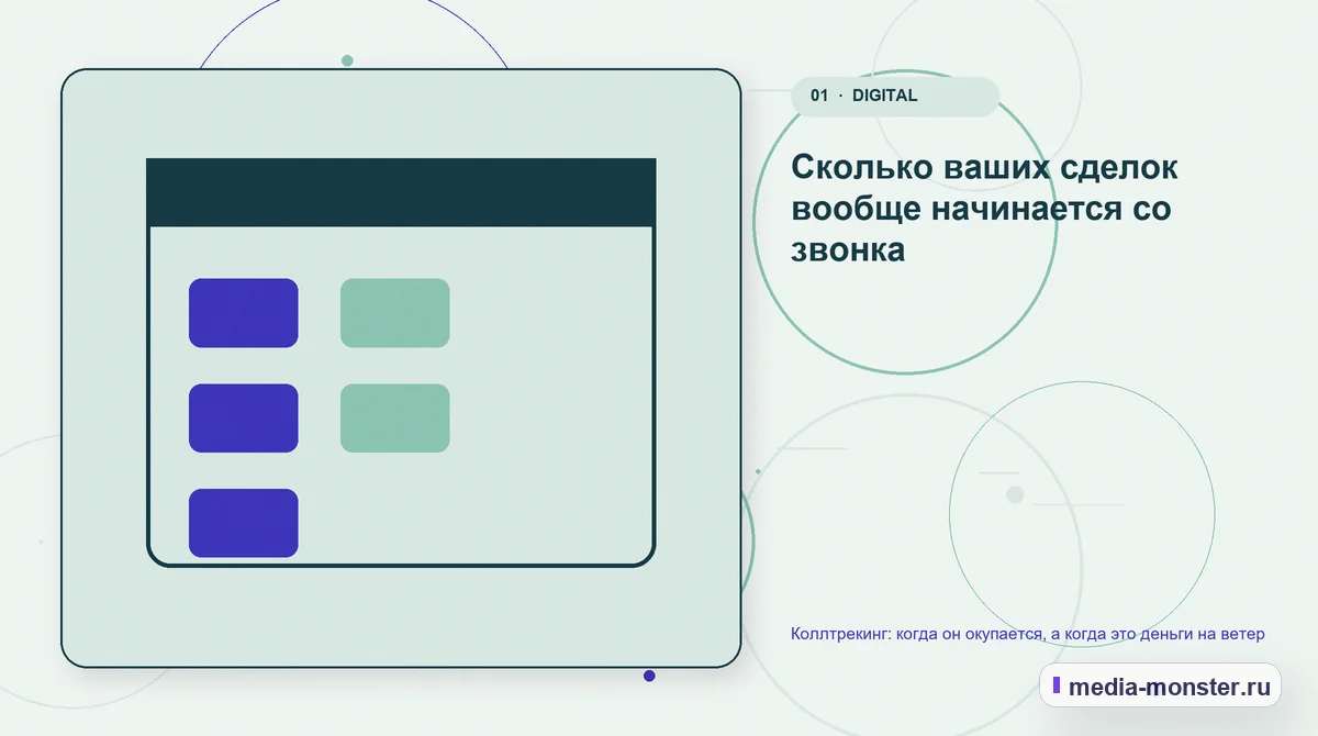 Изображение 1: Ключевая тема материала — Коллтрекинг: когда он окупается, а когда это деньги на ветер | Media Monster Ключевая тема материала. Сколько ваших сделок вообще начинается со звонка: иллюстрация к статье «Коллтрекинг: когда он окупается, а когда это деньги на ветер»