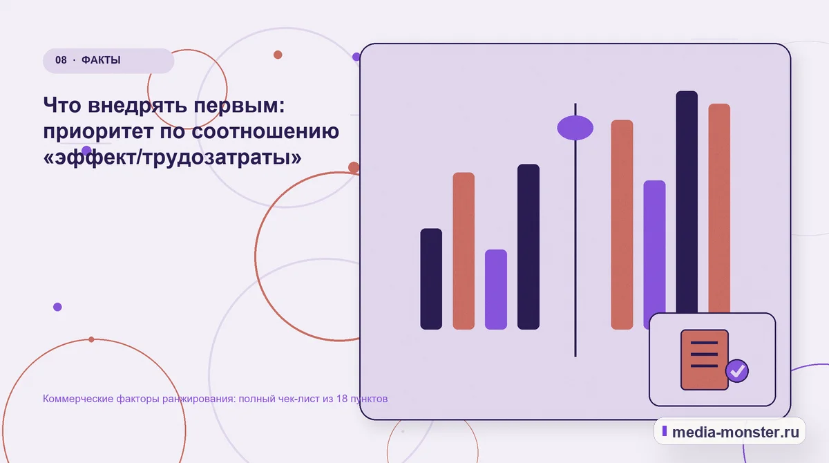 Изображение 8: Сравнение вариантов — Коммерческие факторы ранжирования: полный чек-лист из 18 пунктов | Media Monster Сравнение вариантов. Что внедрять первым: приоритет по соотношению «эффект/трудозатраты»: иллюстрация к статье «Коммерческие факторы ранжирования: полный чек-лист из 18 пунктов»