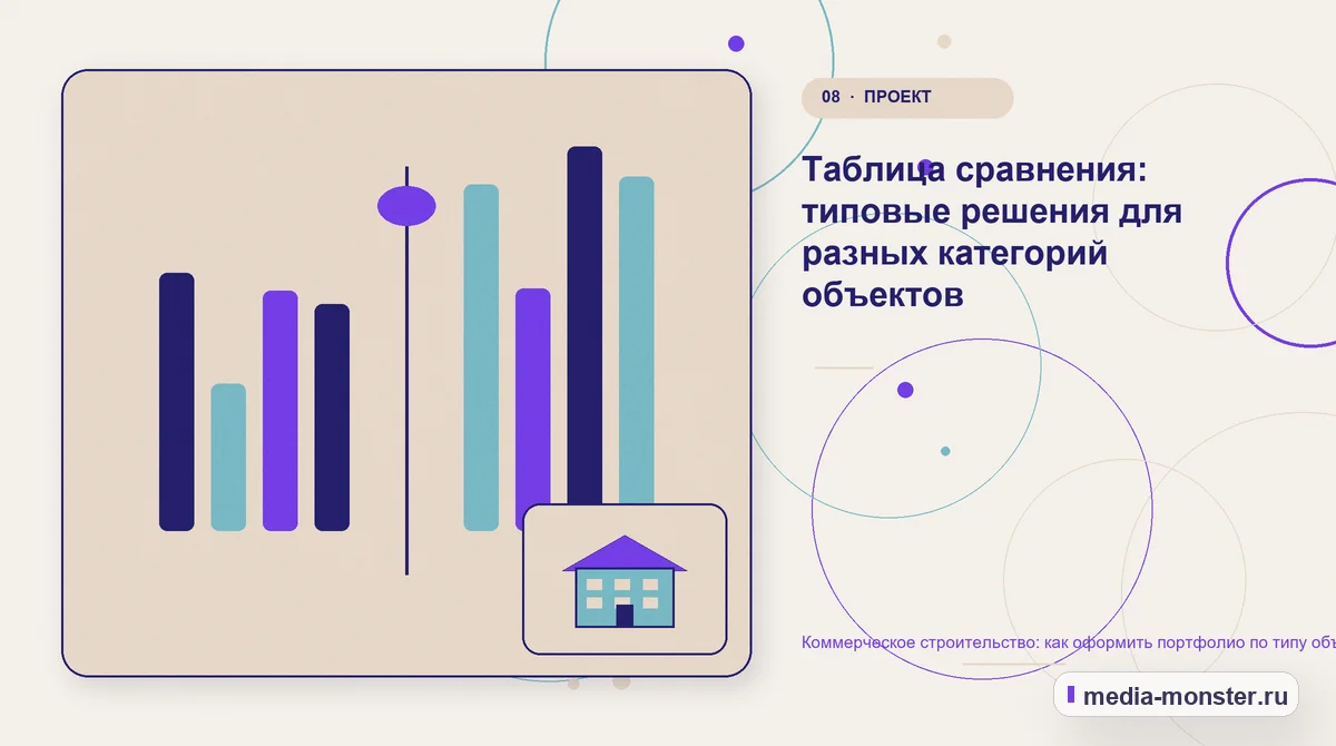Сравнение вариантов. Таблица сравнения: типовые решения для разных категорий объектов: иллюстрация к статье «Коммерческое строительство: как оформить портфолио по типу объекта без данных…