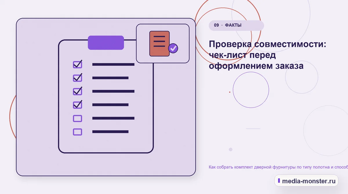 Контрольные показатели. Проверка совместимости: чек-лист перед оформлением заказа: иллюстрация к статье «Как собрать комплект дверной фурнитуры по типу полотна и способу открывания»