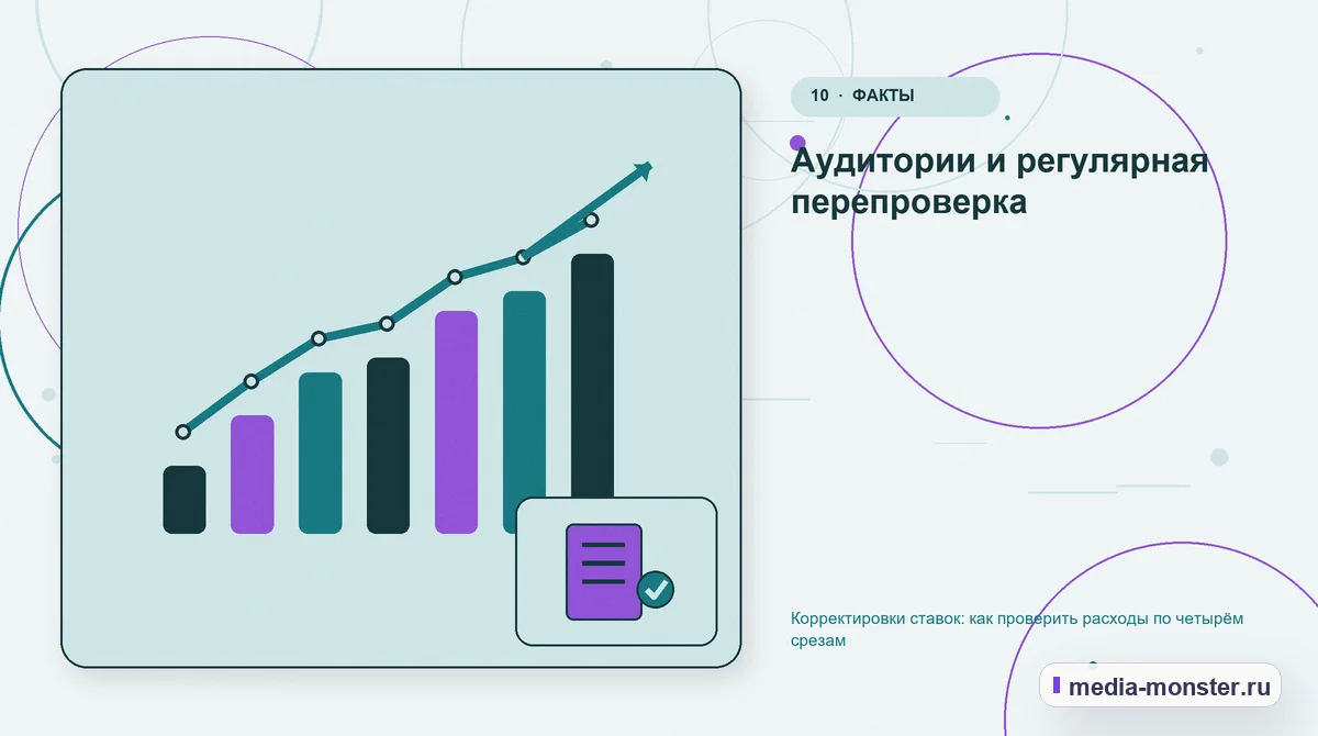Изображение 10: Итог и следующий шаг — Корректировки ставок: как проверить расходы по четырём срезам | Media Monster Итог и следующий шаг. Аудитории и регулярная перепроверка: иллюстрация к статье «Корректировки ставок: как проверить расходы по четырём срезам»