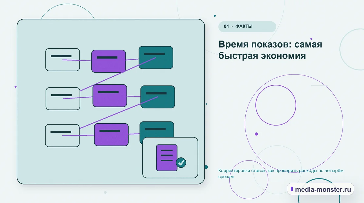 Изображение 4: Структура решения — Корректировки ставок: как проверить расходы по четырём срезам | Media Monster Структура решения. Время показов: самая быстрая экономия: иллюстрация к статье «Корректировки ставок: как проверить расходы по четырём срезам»