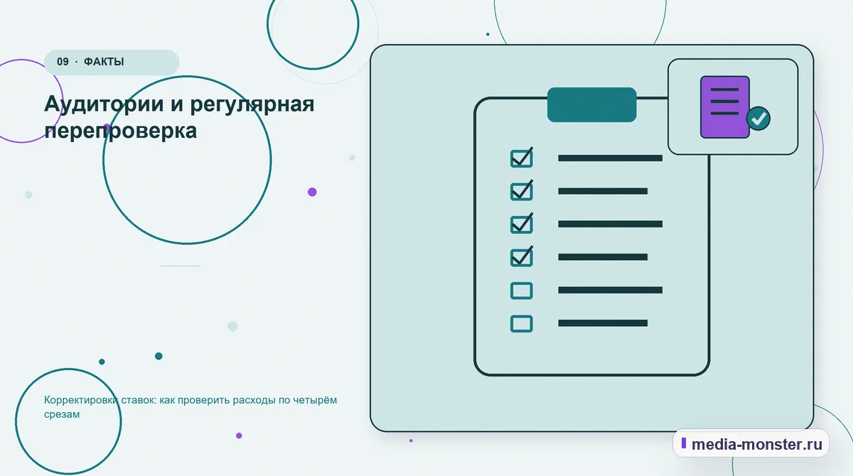 Изображение 9: Контрольные показатели — Корректировки ставок: как проверить расходы по четырём срезам | Media Monster Контрольные показатели. Аудитории и регулярная перепроверка: иллюстрация к статье «Корректировки ставок: как проверить расходы по четырём срезам»