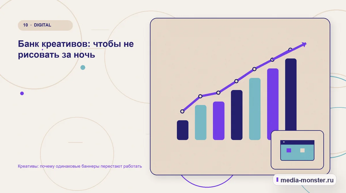 Изображение 10: Итог и следующий шаг — Креативы: почему одинаковые баннеры перестают работать | Media Monster Итог и следующий шаг. Банк креативов: чтобы не рисовать за ночь: иллюстрация к статье «Креативы: почему одинаковые баннеры перестают работать»