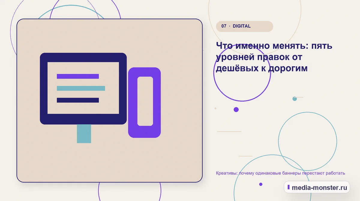 Креативы: почему одинаковые баннеры перестают работать — иллюстрация к разделу «Что именно менять: пять уровней правок от дешёвых к дорогим»