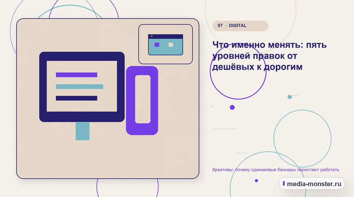 Изображение 7: Каналы и точки контакта — Креативы: почему одинаковые баннеры перестают работать | Media Monster Каналы и точки контакта. Что именно менять: пять уровней правок от дешёвых к дорогим: иллюстрация к статье «Креативы: почему одинаковые баннеры перестают работать»