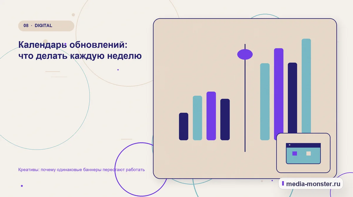 Изображение 8: Сравнение вариантов — Креативы: почему одинаковые баннеры перестают работать | Media Monster Сравнение вариантов. Календарь обновлений: что делать каждую неделю: иллюстрация к статье «Креативы: почему одинаковые баннеры перестают работать»