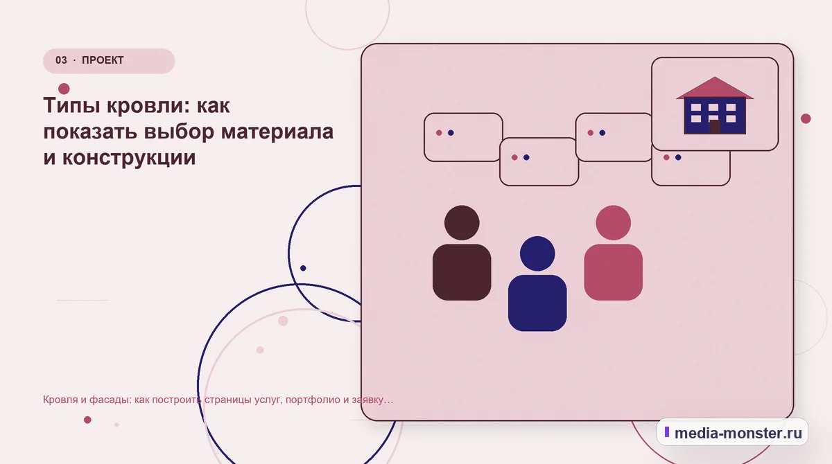 Изображение 3: Аудитория и сценарий выбора — Кровля и фасады: как построить страницы услуг, портфолио и заявку на расчёт | Media Monster Аудитория и сценарий выбора. Типы кровли: как показать выбор материала и конструкции: иллюстрация к статье «Кровля и фасады: как построить страницы услуг, портфолио и заявку на расчёт»