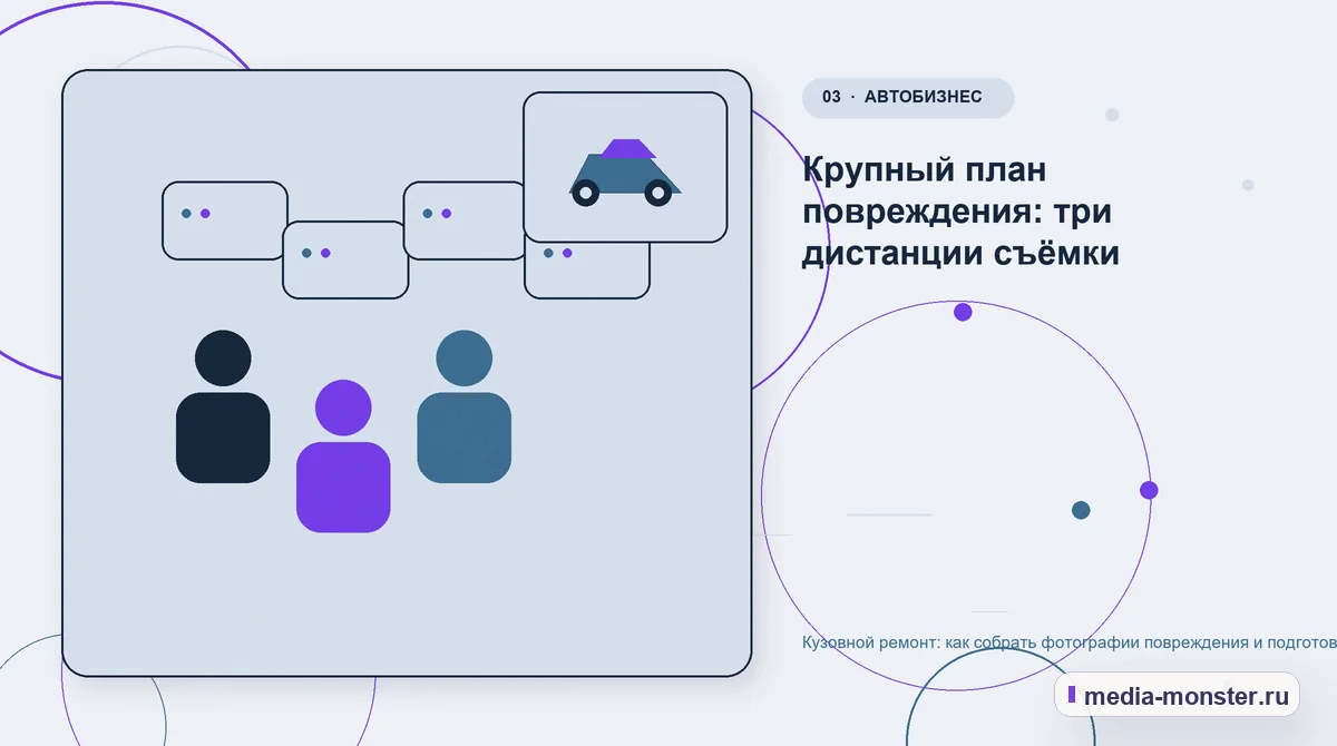Изображение 3: Аудитория и сценарий выбора — Кузовной ремонт: как собрать фотографии повреждения и подготовить запись на осмотр | Media Monster Аудитория и сценарий выбора. Крупный план повреждения: три дистанции съёмки: иллюстрация к статье «Кузовной ремонт: как собрать фотографии повреждения и подготовить запись на осмотр»