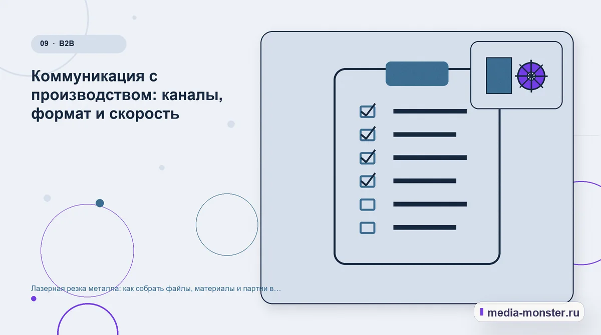 Контрольные показатели. Коммуникация с производством: каналы, формат и скорость: иллюстрация к статье «Лазерная резка металла: как собрать файлы, материалы и партии в одной заявке»