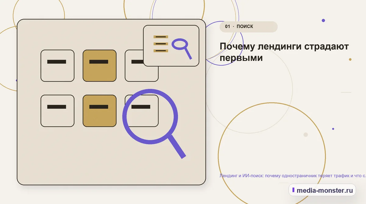Ключевая тема материала. Почему лендинги страдают первыми: иллюстрация к статье «Лендинг и ИИ-поиск: почему одностраничник теряет трафик и что с этим делать»