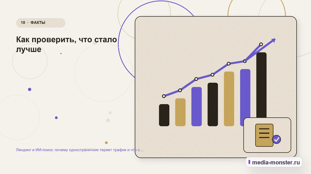 Итог и следующий шаг. Как проверить, что стало лучше: иллюстрация к статье «Лендинг и ИИ-поиск: почему одностраничник теряет трафик и что с этим делать»