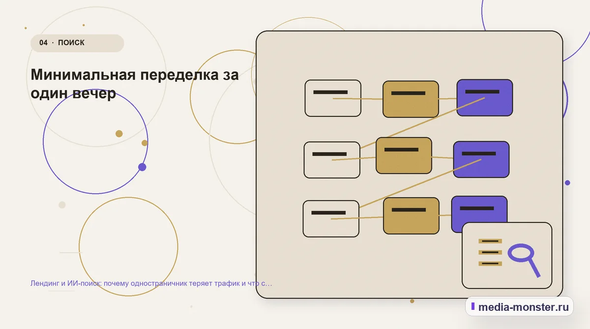 Изображение 4: Структура решения — Лендинг и ИИ-поиск: почему одностраничник теряет трафик и что с этим делать | Media Monster Структура решения. Минимальная переделка за один вечер: иллюстрация к статье «Лендинг и ИИ-поиск: почему одностраничник теряет трафик и что с этим делать»