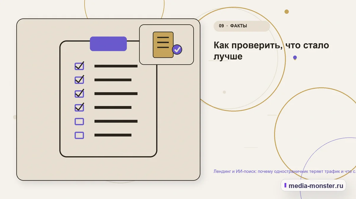Изображение 9: Контрольные показатели — Лендинг и ИИ-поиск: почему одностраничник теряет трафик и что с этим делать | Media Monster Контрольные показатели. Как проверить, что стало лучше: иллюстрация к статье «Лендинг и ИИ-поиск: почему одностраничник теряет трафик и что с этим делать»