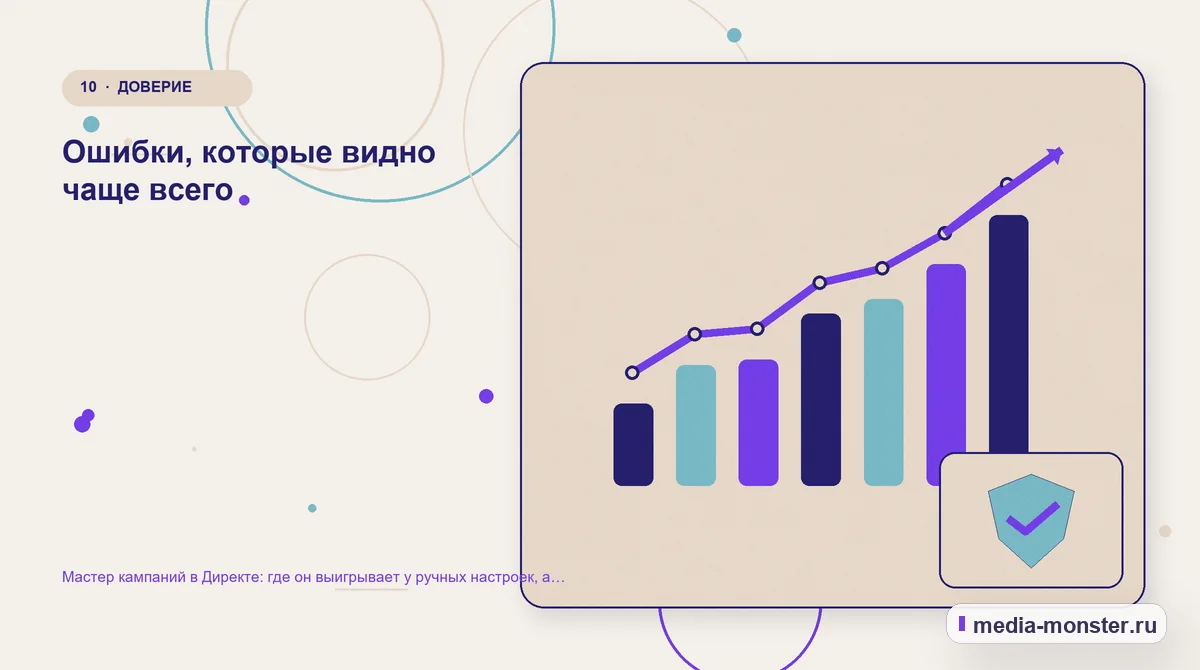 Итог и следующий шаг. Ошибки, которые видно чаще всего: иллюстрация к статье «Мастер кампаний в Директе: где он выигрывает у ручных настроек, а где проигрывает»