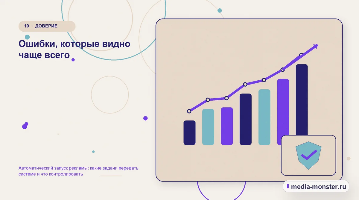 Изображение 10: Итог и следующий шаг — Автоматический запуск рекламы: какие задачи передать системе и что контролировать | Media Monster Итог и следующий шаг. Ошибки, которые видно чаще всего: иллюстрация к статье «Автоматический запуск рекламы: какие задачи передать системе и что контролировать»