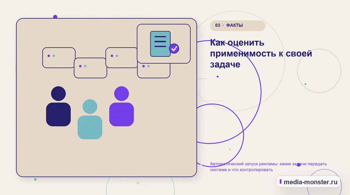 Изображение 3: Аудитория и сценарий выбора — Автоматический запуск рекламы: какие задачи передать системе и что контролировать | Media Monster Аудитория и сценарий выбора. Как оценить применимость к своей задаче: иллюстрация к статье «Автоматический запуск рекламы: какие задачи передать системе и что контролировать»