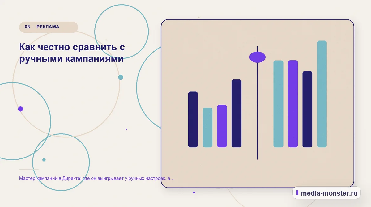 Сравнение вариантов. Как честно сравнить с ручными кампаниями: иллюстрация к статье «Мастер кампаний в Директе: где он выигрывает у ручных настроек, а где проигрывает»