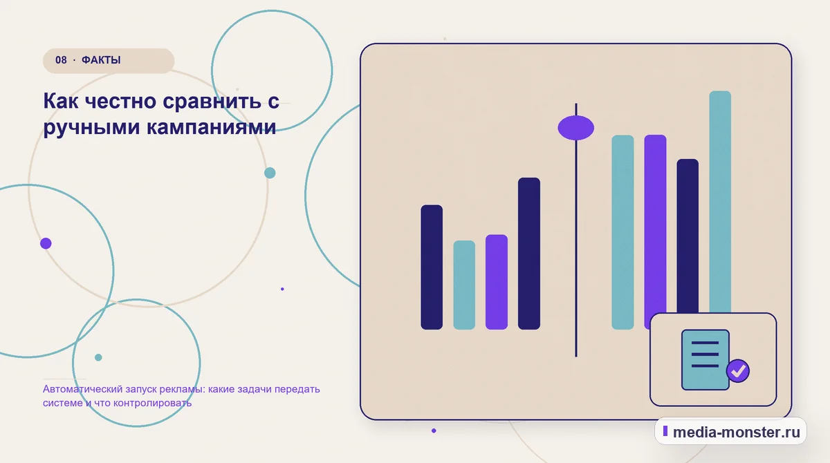Изображение 8: Сравнение вариантов — Автоматический запуск рекламы: какие задачи передать системе и что контролировать | Media Monster Сравнение вариантов. Как честно сравнить с ручными кампаниями: иллюстрация к статье «Автоматический запуск рекламы: какие задачи передать системе и что контролировать»